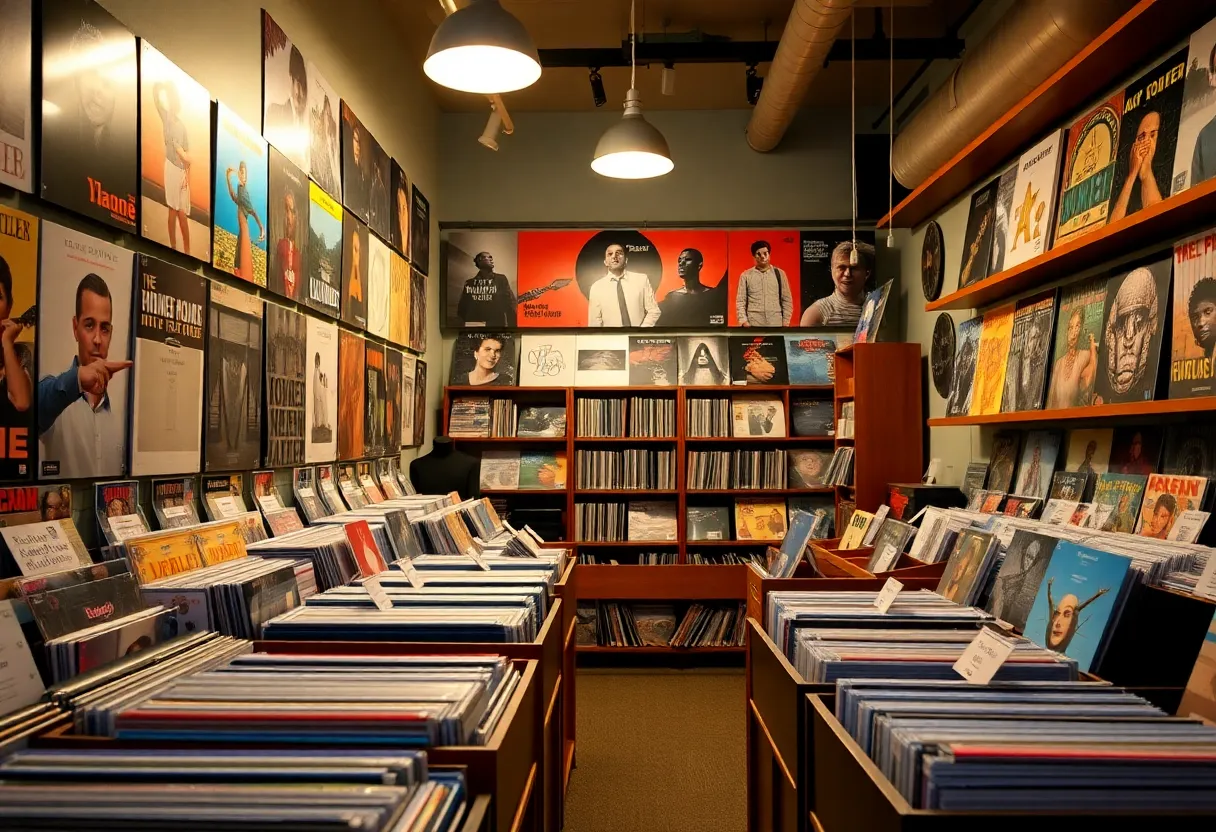 Interior of MoJo’s Island Records showcasing vinyl records and memorabilia