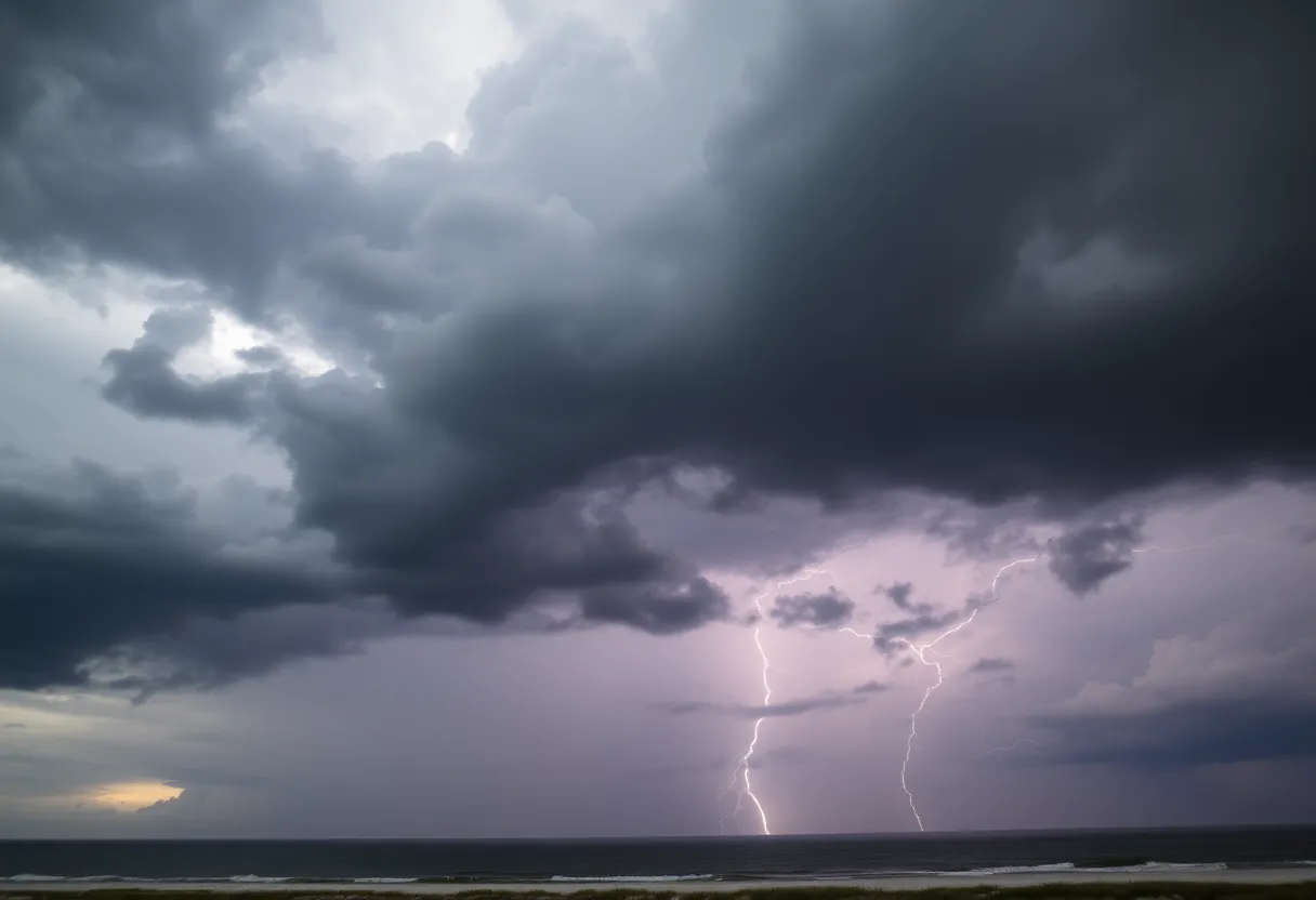 Dramatic storm clouds over Myrtle Beach with lightning