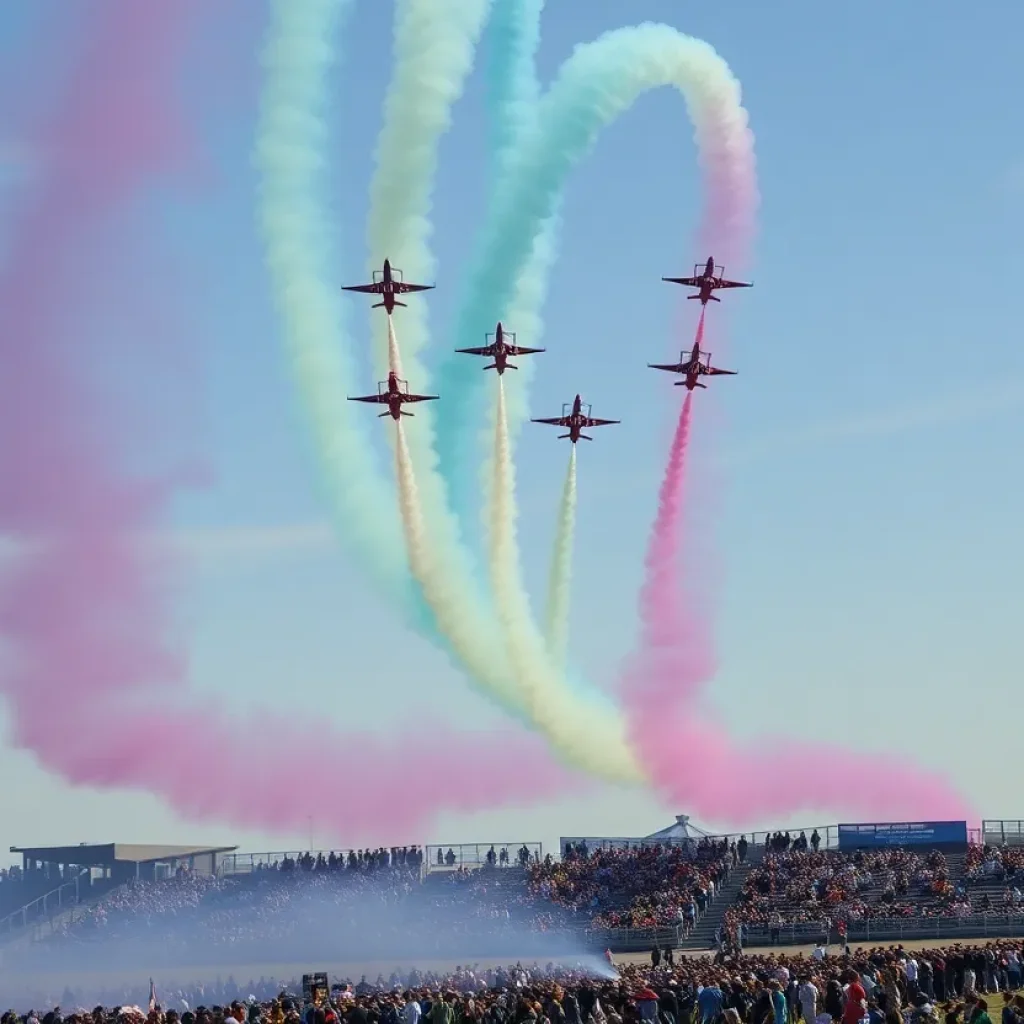 Blue Angels performing aerial maneuvers during an air show.