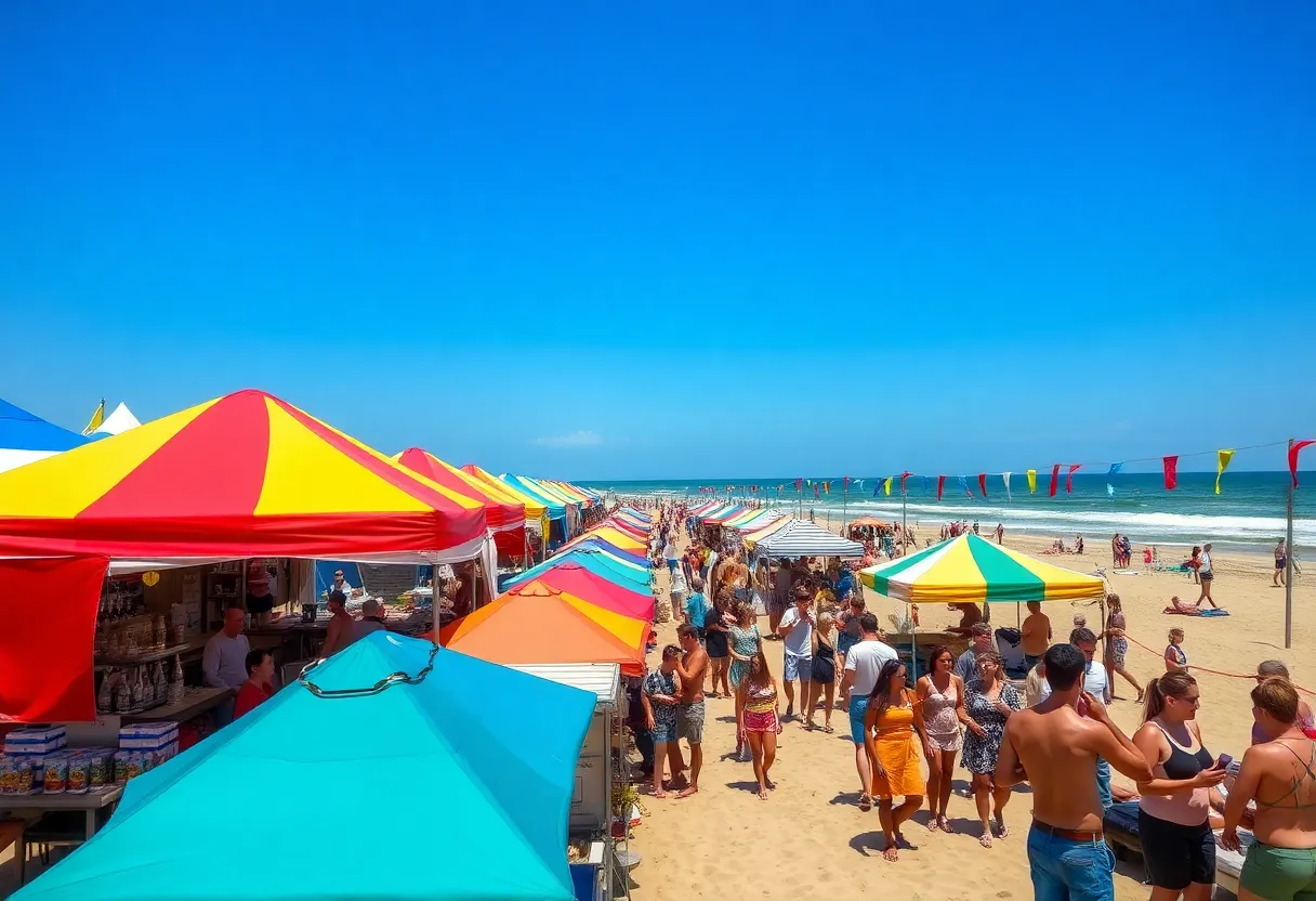 Crowd enjoying the Orange Crush festival on Tybee Island with colorful tents and beach chairs.