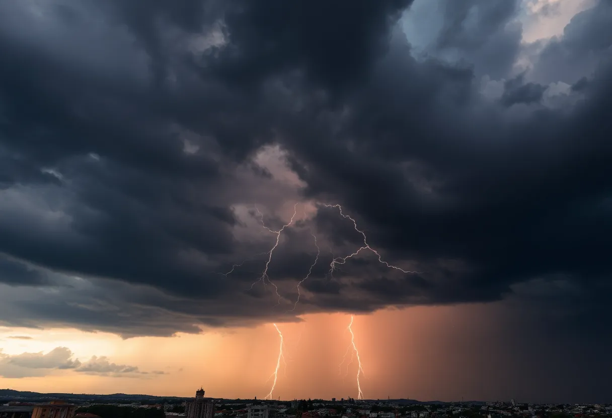 Dark storm clouds with lightning above a city