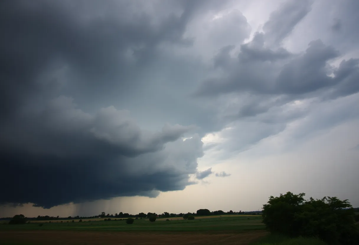 Dark clouds indicating severe thunderstorm over a field
