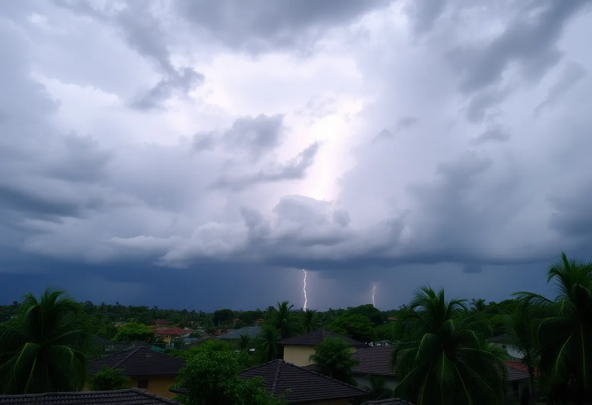 Dark storm clouds and lightning over a southeastern town during a thunderstorm.