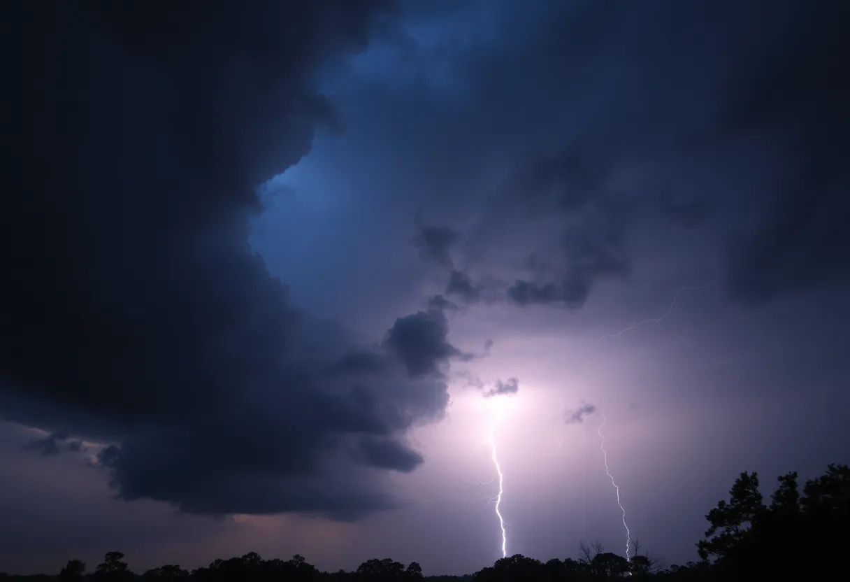 Dark storm clouds over Greenville and Spartanburg counties with lightning.