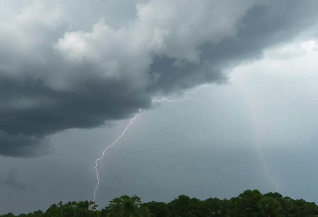 Dark storm clouds and lightning over Hilton Head coastline