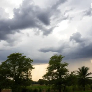 Stormy sky over Saluda County with dark clouds and visible rain