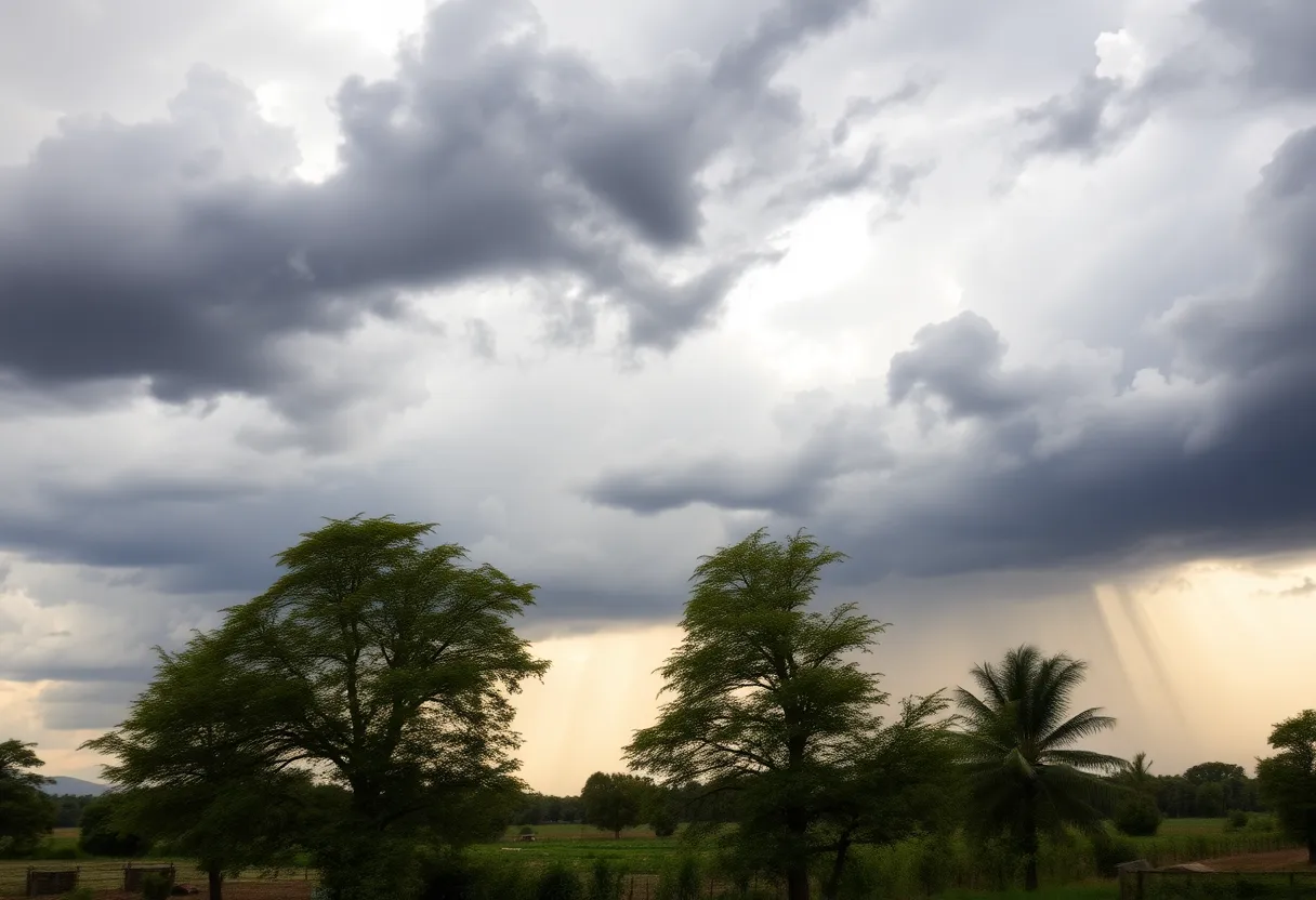 Stormy sky over Saluda County with dark clouds and visible rain