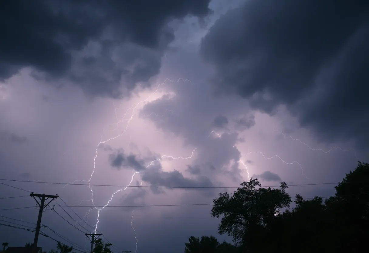Severe thunderstorm clouds over South Carolina with lightning.
