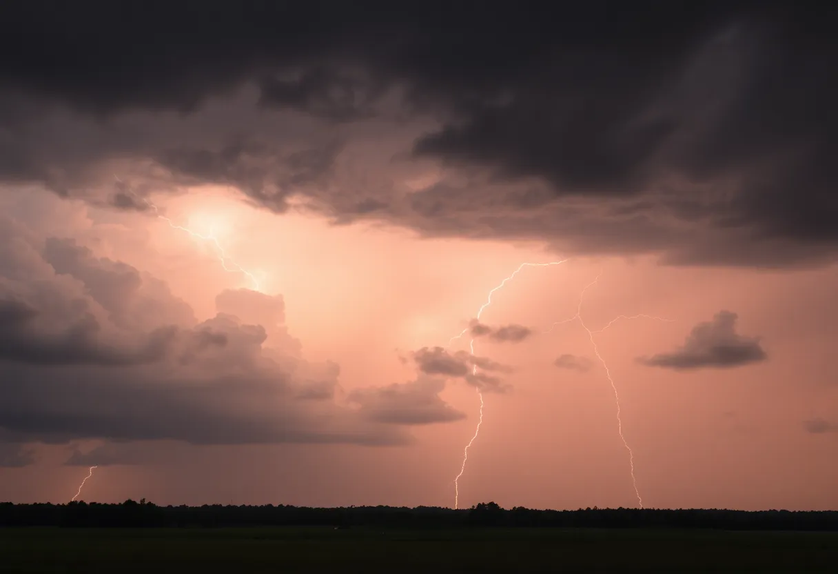 Dark clouds and lightning over Upstate South Carolina landscape
