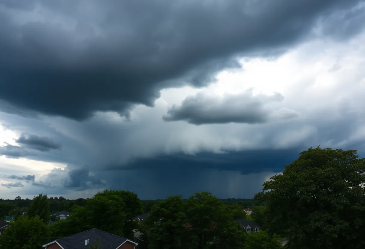Dark storm clouds over York County with trees swaying in the wind