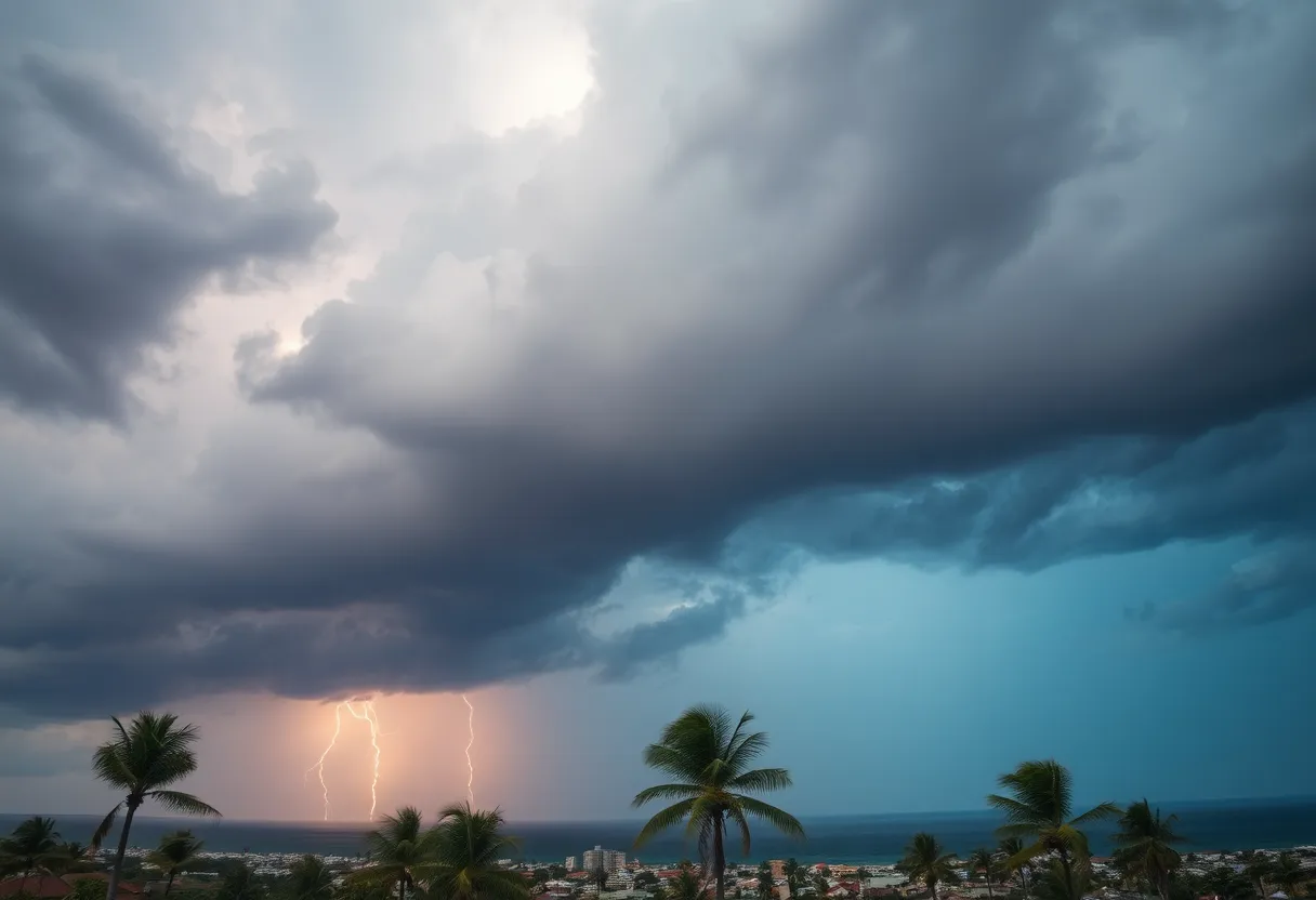 Dark storm clouds and lightning over Hilton Head coastal area