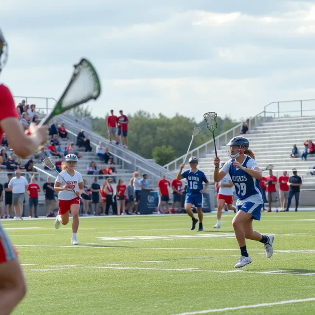 High school lacrosse players competing during the playoffs