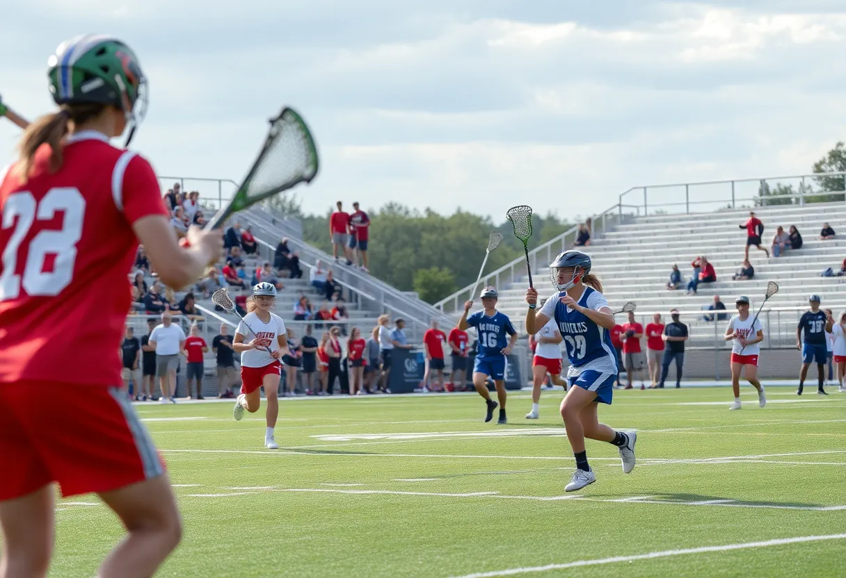 High school lacrosse players competing during the playoffs