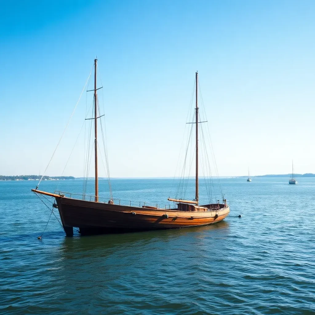 Abandoned sailboat submerged in Beaufort River with only masts showing