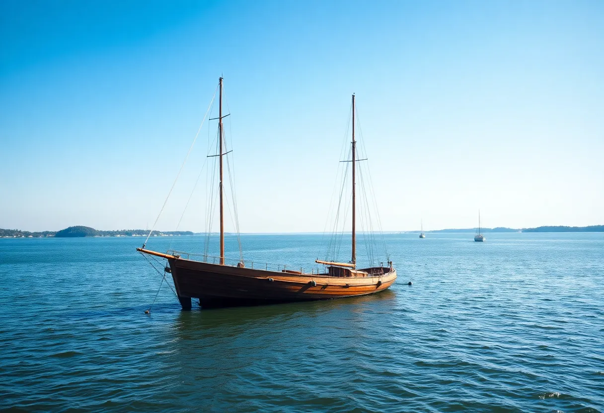 Abandoned sailboat submerged in Beaufort River with only masts showing