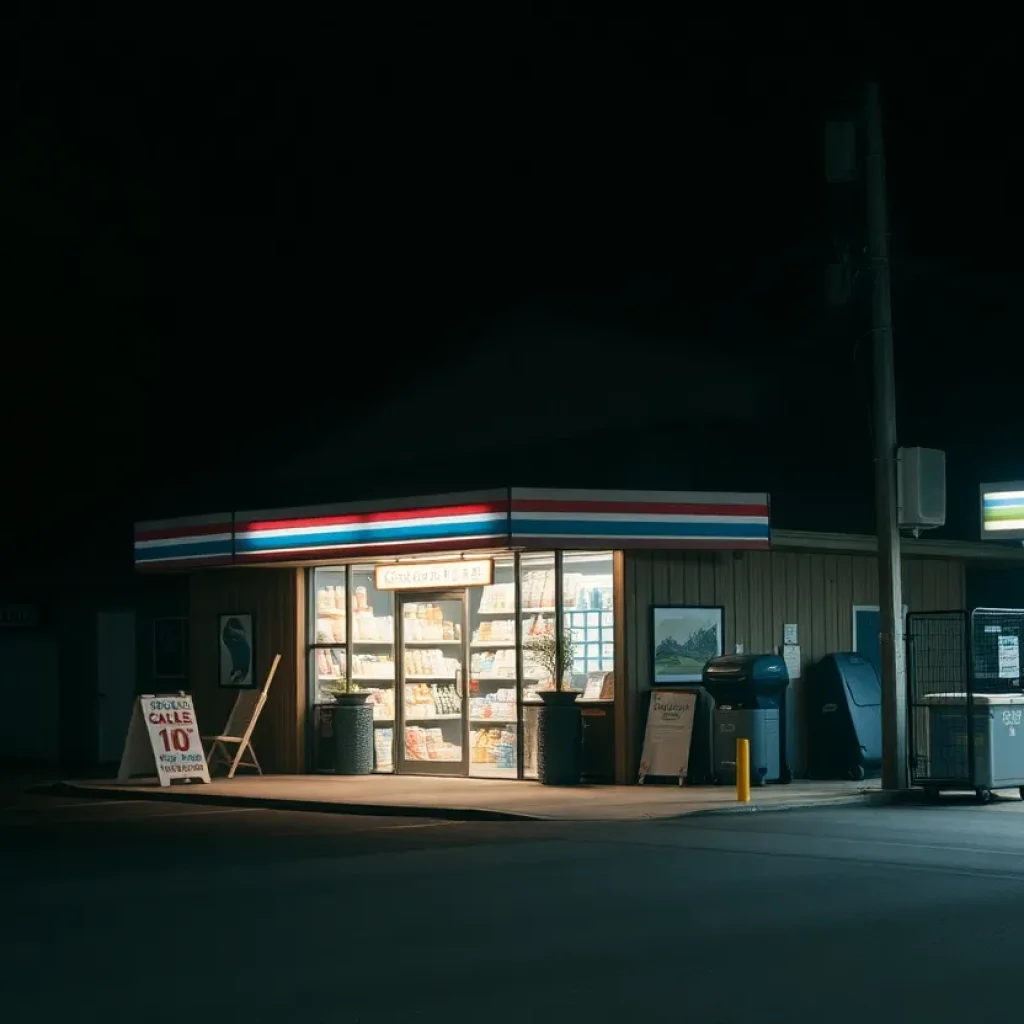 The Pantry convenience store illuminated at night, symbolizing a small community setting.
