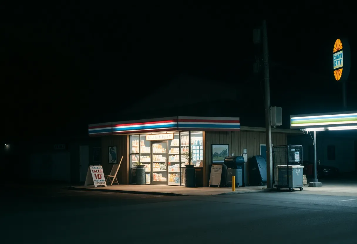 The Pantry convenience store illuminated at night, symbolizing a small community setting.