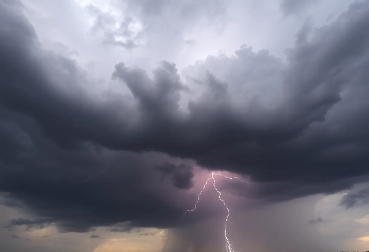 Dark clouds and lightning signifying a thunderstorm over McCormick and Edgefield counties.