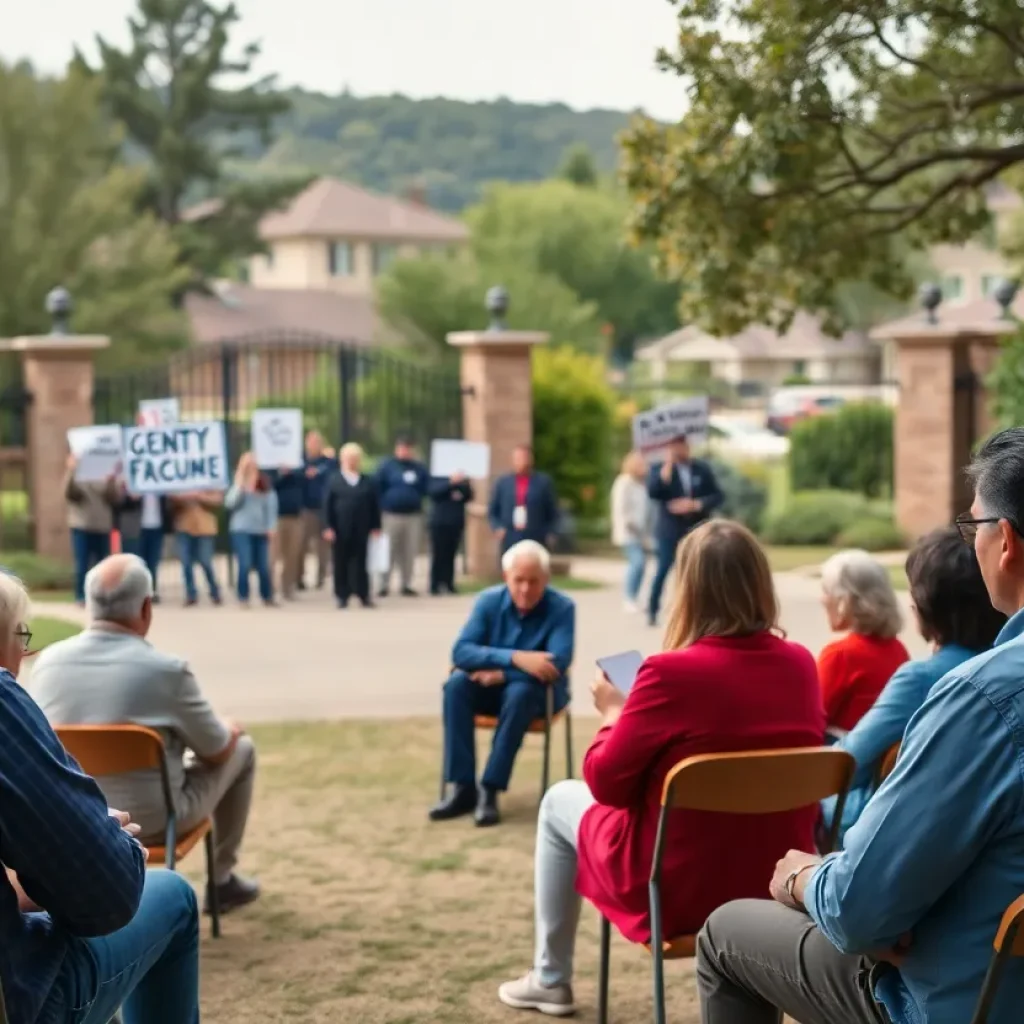 Gathering at a town hall meeting with attendees discussing issues and signs of protest outside.