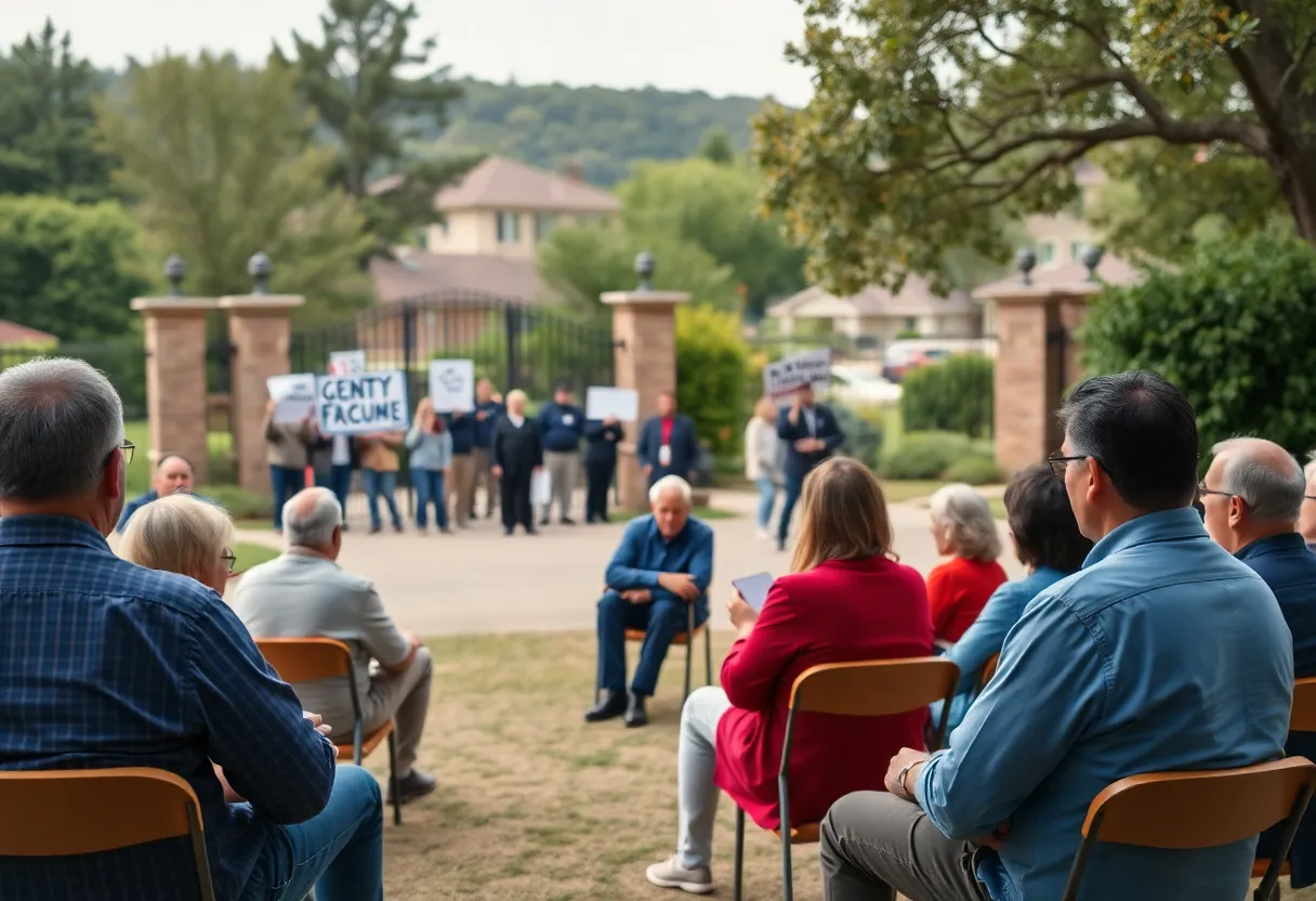 Gathering at a town hall meeting with attendees discussing issues and signs of protest outside.