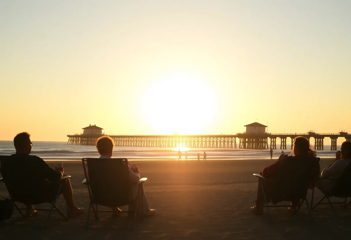 Sunrise over Tybee Island with people gathered for the Easter service
