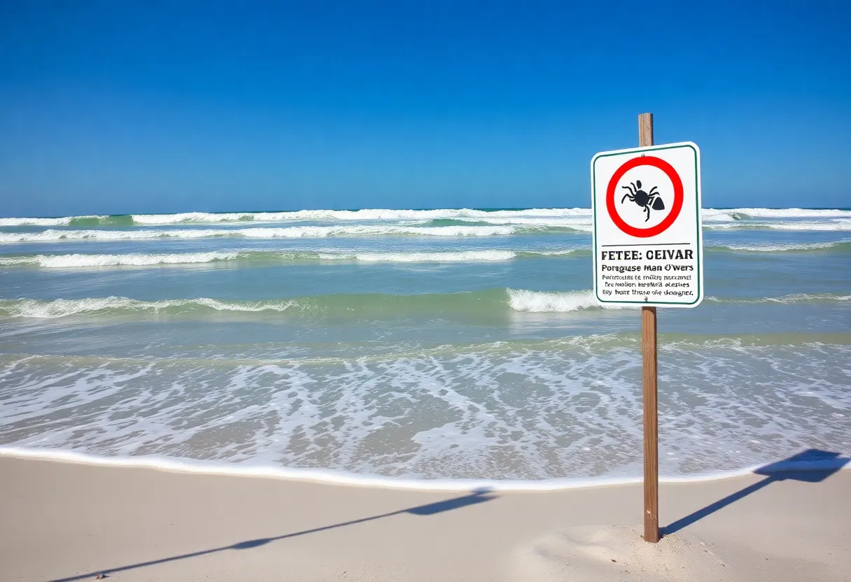 Warning sign about Portuguese man o' war on Tybee Island beach