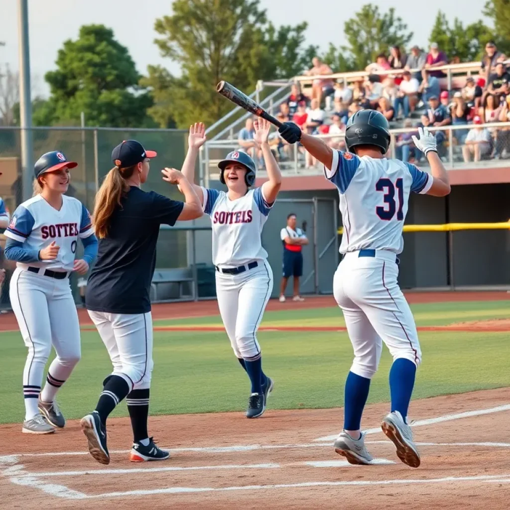 USCA Softball team celebrating a home run during a game.