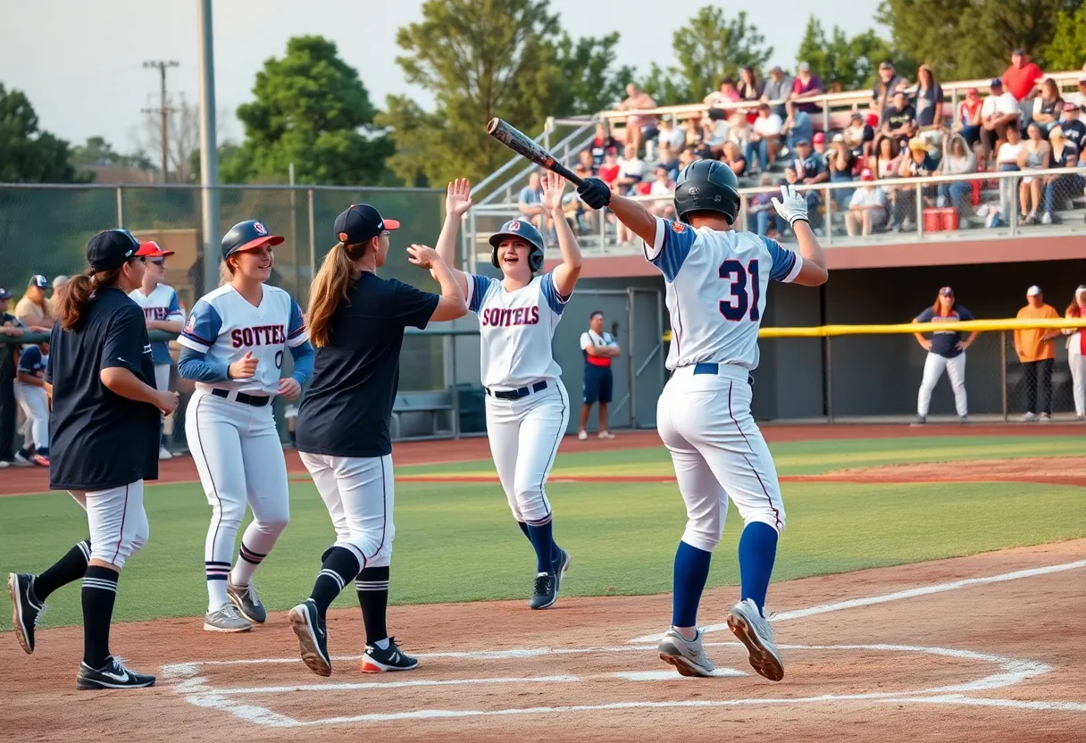 USCA Softball team celebrating a home run during a game.