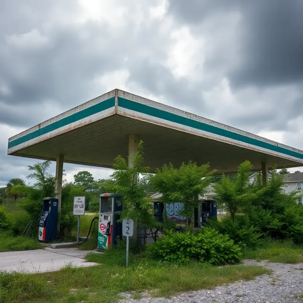 Deteriorating gas station on Hilton Head Island with graffiti