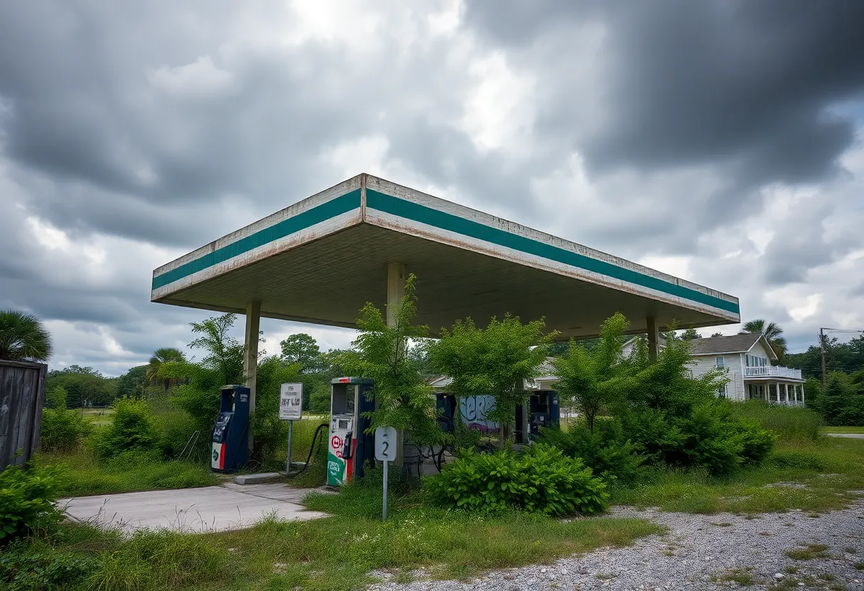 Deteriorating gas station on Hilton Head Island with graffiti