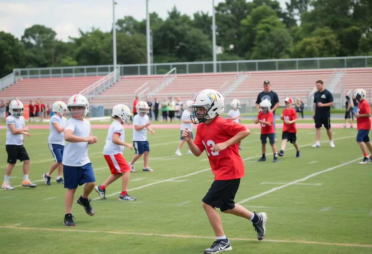 Young athletes participating in the All-American Football Camp at Hilton Head Island.
