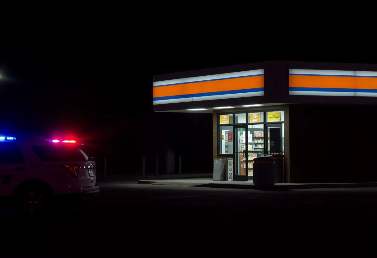 Police lights flashing outside a convenience store at night