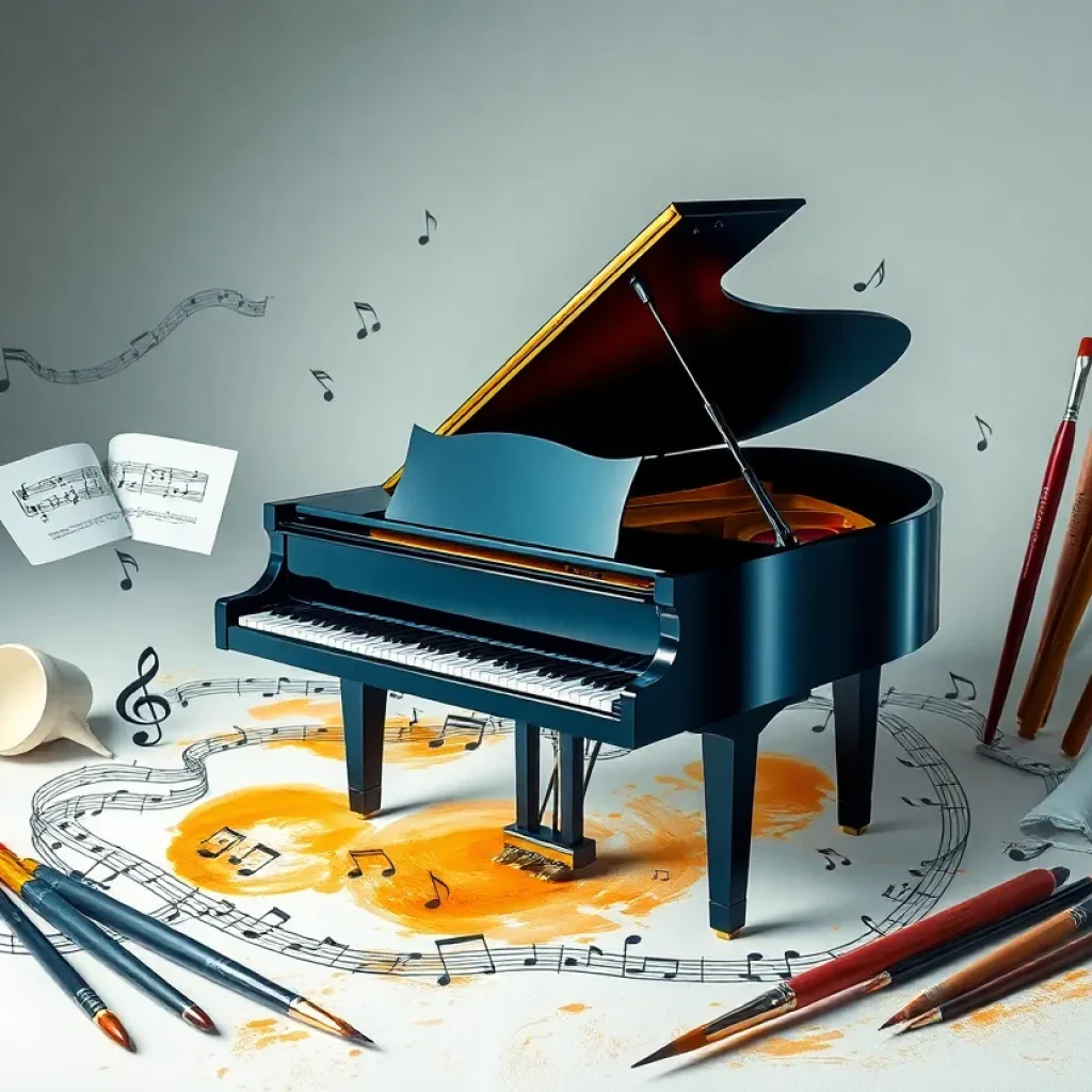 A grand piano with musical notes and paintbrushes representing the life of an artist and musician.