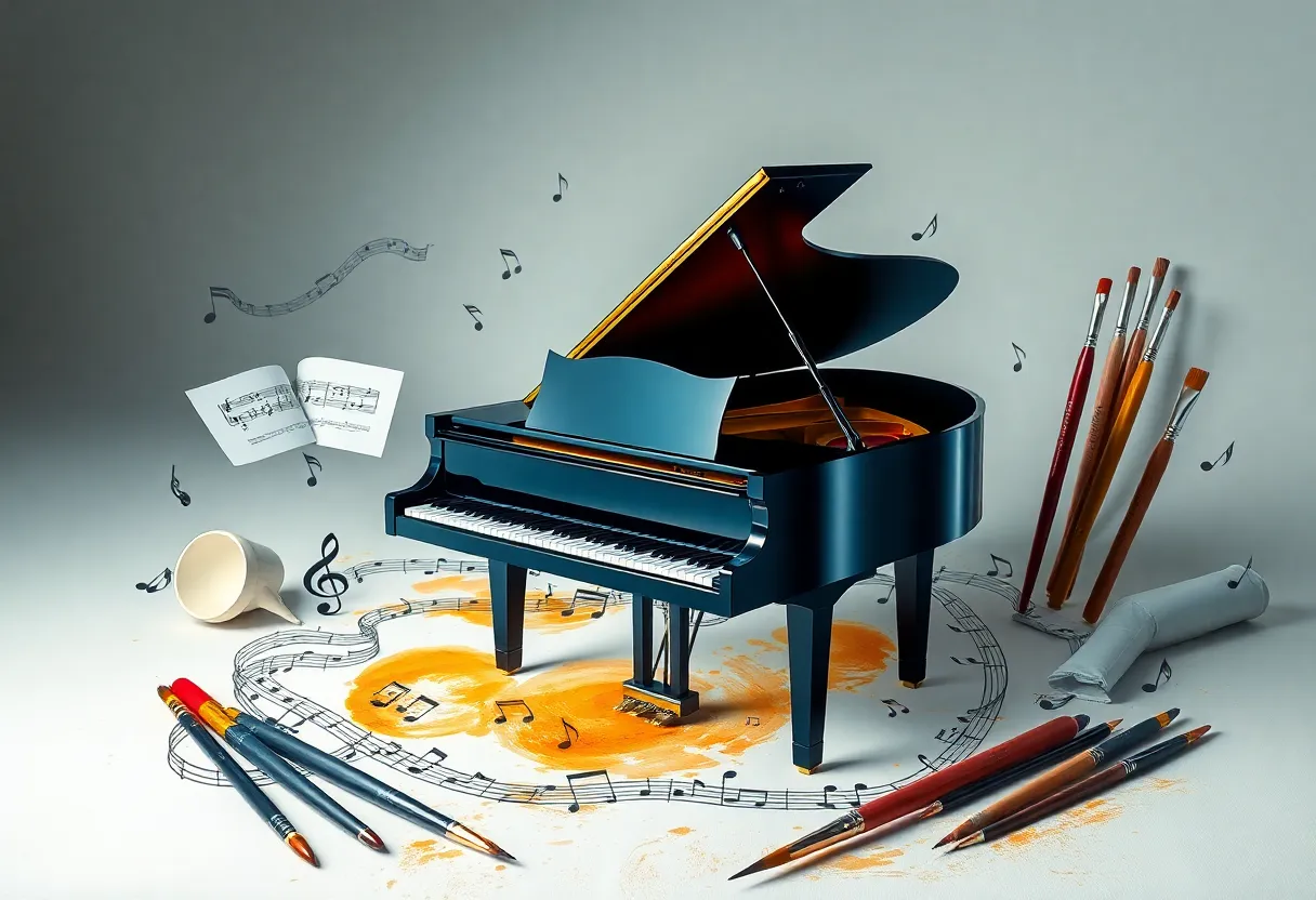A grand piano with musical notes and paintbrushes representing the life of an artist and musician.