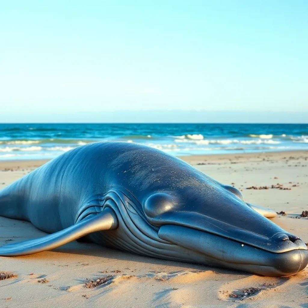 A 30-foot sperm whale washed ashore at Coligny Beach, surrounded by rescue teams and onlookers.