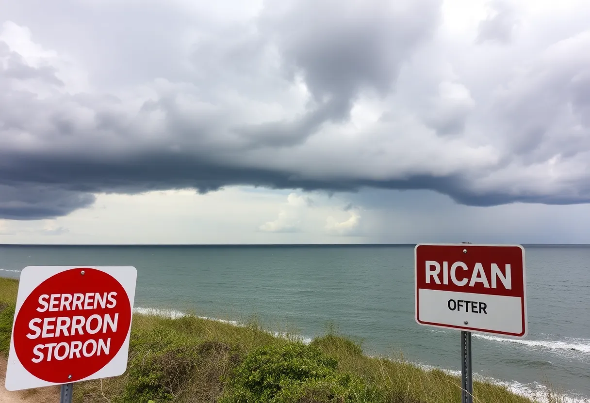 View of Beaufort County coastline with hurricane evacuation signs.