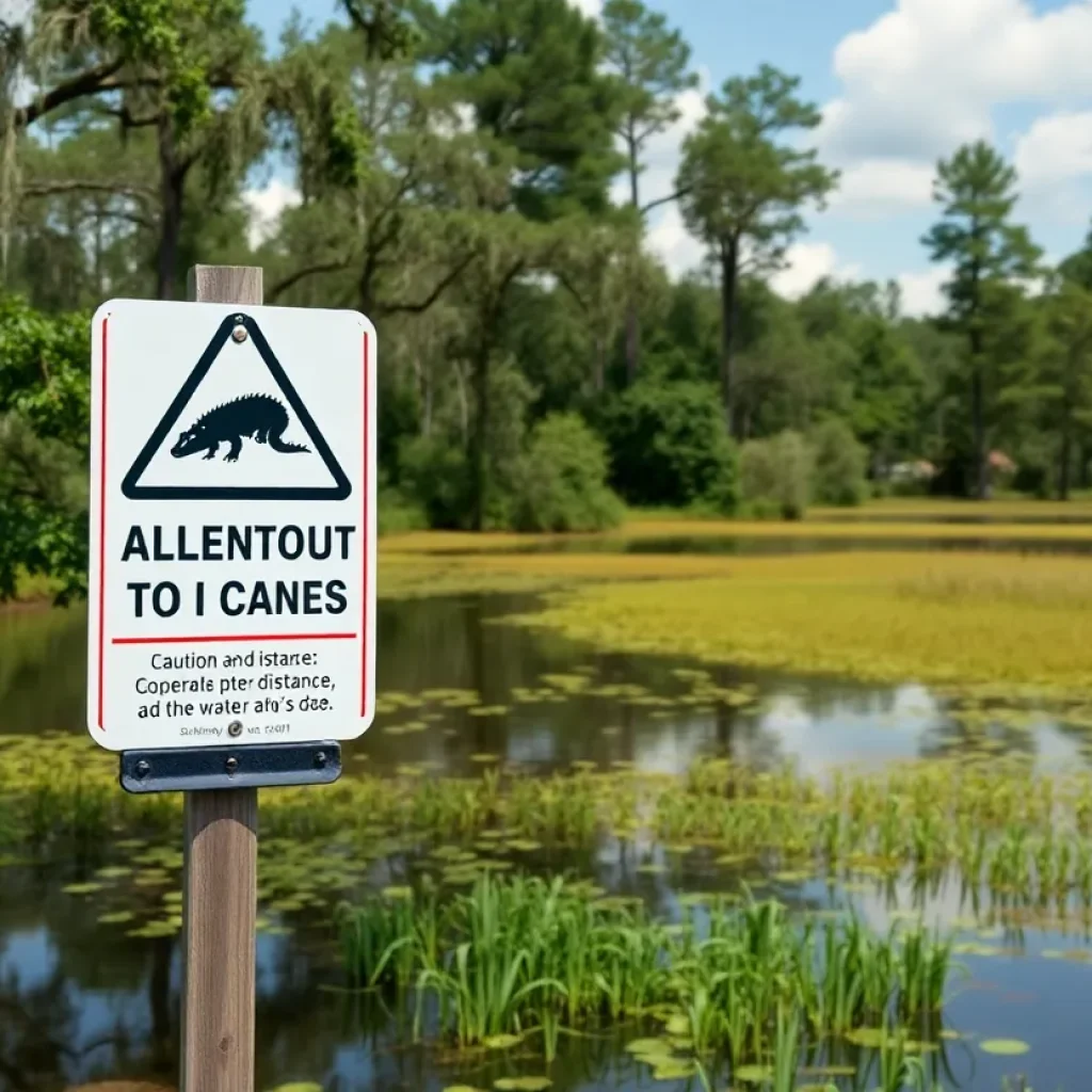 Scenic view of a pond in South Carolina with caution signs about alligators