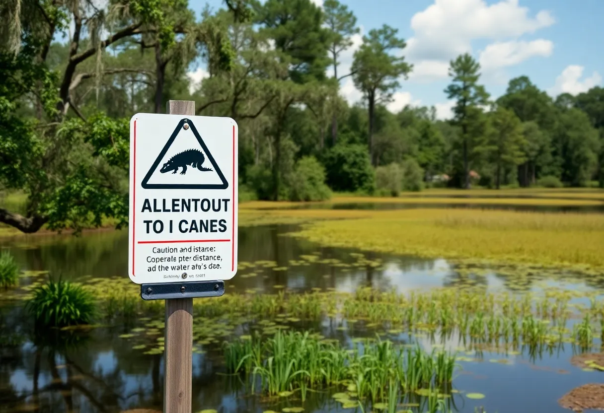 Scenic view of a pond in South Carolina with caution signs about alligators