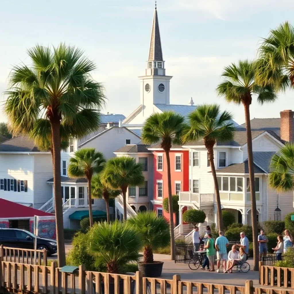 Charleston County view with historical buildings and palm trees