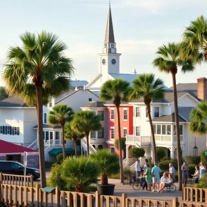 Charleston County view with historical buildings and palm trees