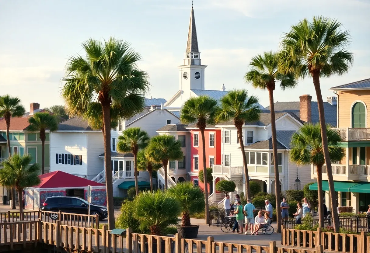 Charleston County view with historical buildings and palm trees