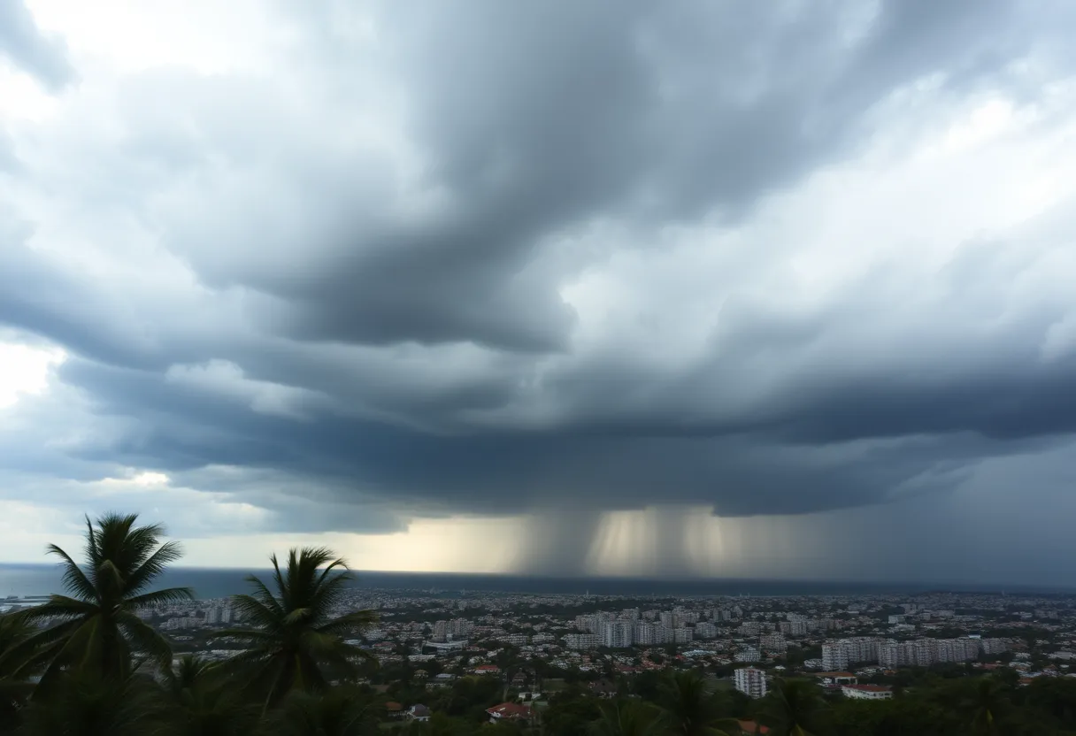 A view of Charleston, SC under severe thunderstorm conditions with dark clouds and rain.