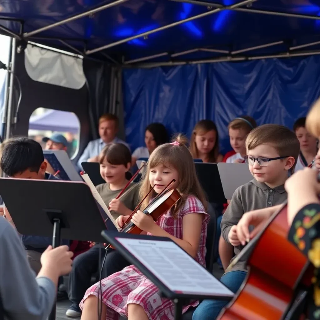 Children gathered around a mobile concert venue enjoying classical music