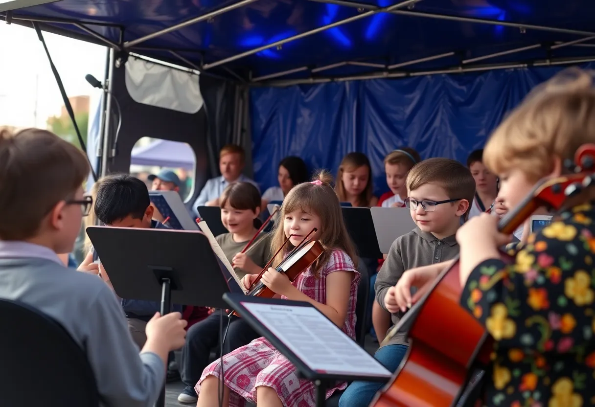 Children gathered around a mobile concert venue enjoying classical music