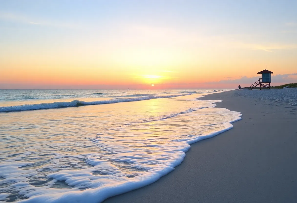 Sunset view of Collier Beach on Hilton Head Island with calm waves