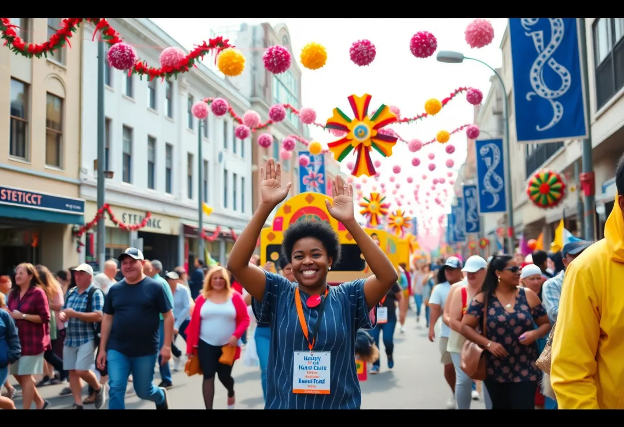 Community members celebrating at a festive parade