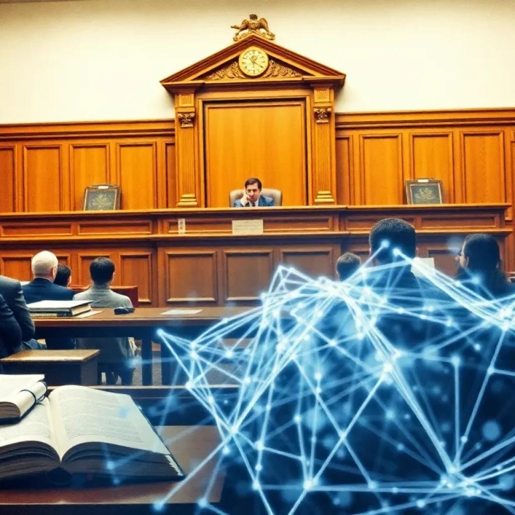 A courtroom with a judge, books, and an educational backdrop reflecting tensions in education.