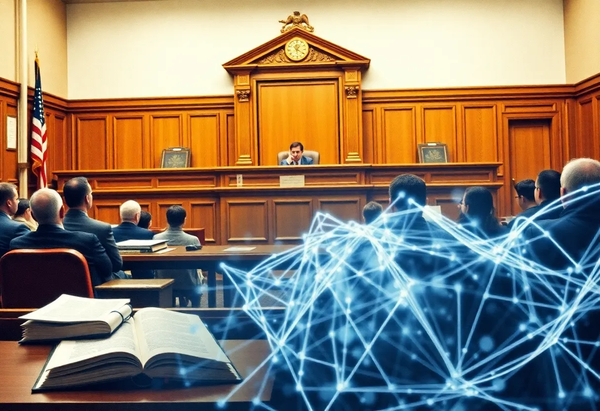 A courtroom with a judge, books, and an educational backdrop reflecting tensions in education.