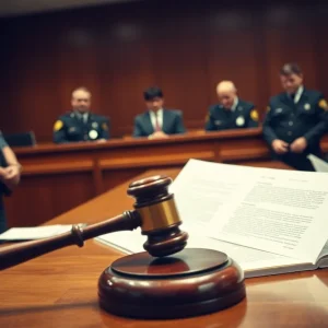 A gavel resting on a legal document in a courtroom