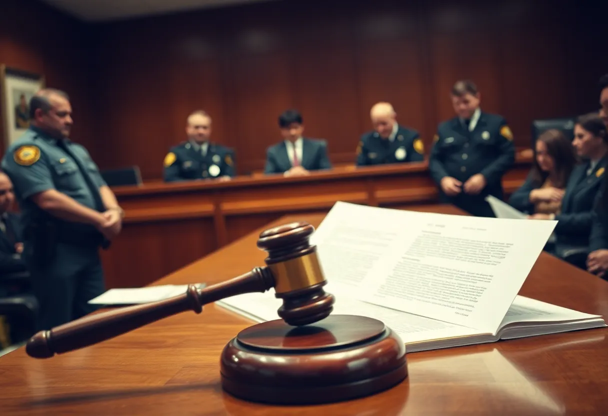 A gavel resting on a legal document in a courtroom